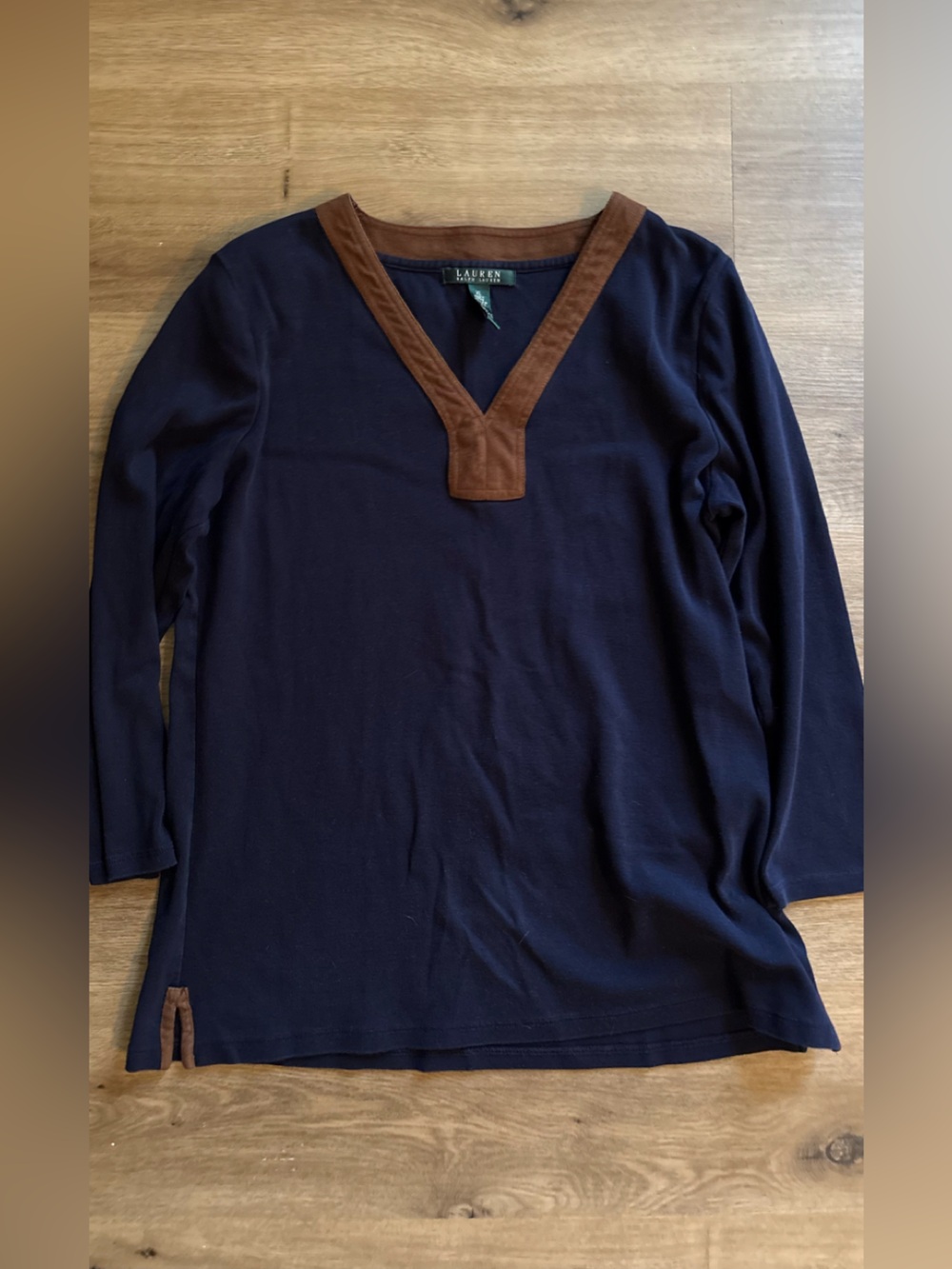 Lauren Ralph Lauren Navy Long-Sleeve V-Neck Top with Brown Trim